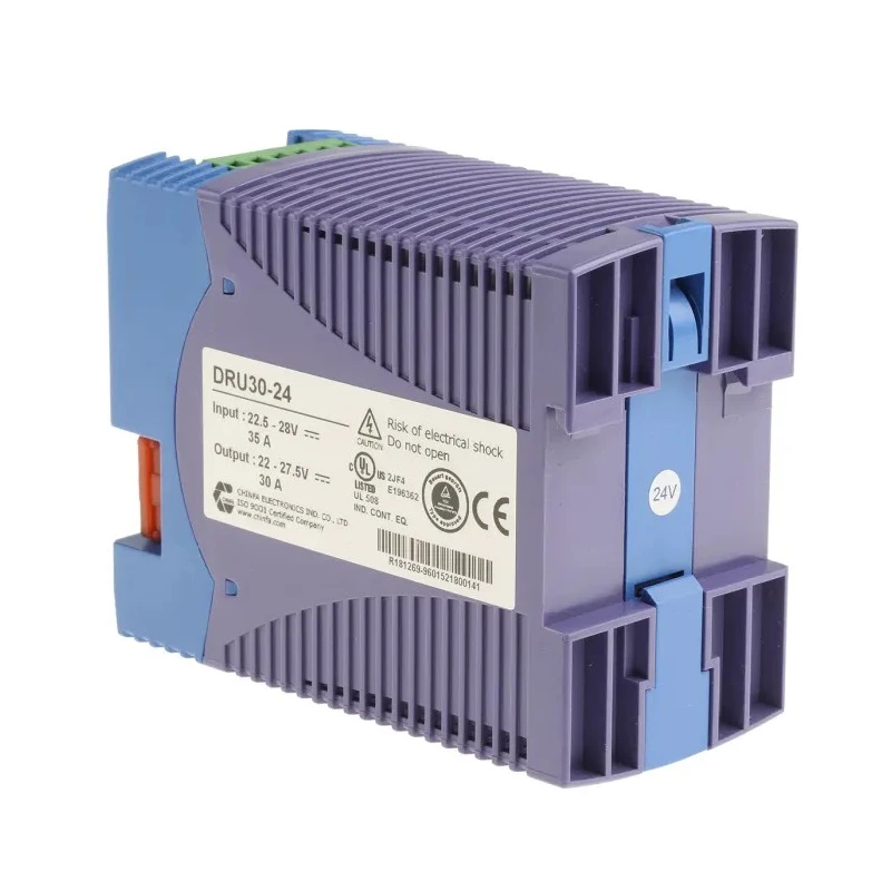 Chinfa Uninterruptible Power Supply Battery Charger with 12, 24V Input, 24V DC Output, 3A Current, DIN Rail Mount DRU30
