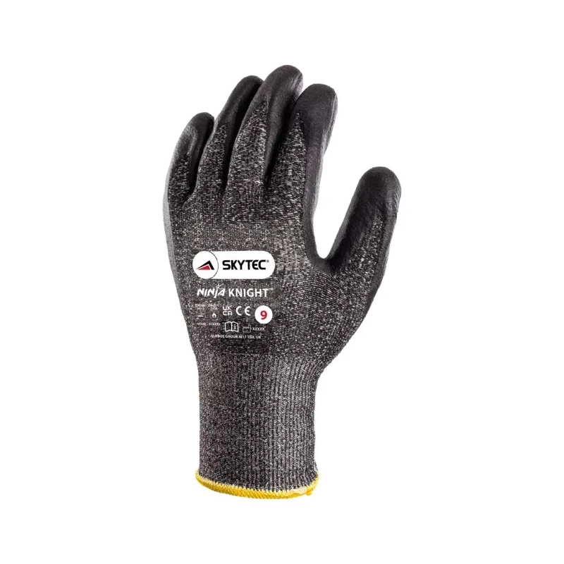 Skytec Ninja Knight Black Fibreglass Polyethylene Cut Resistant Work Gloves Size 8 Nitrile Coating SKY27