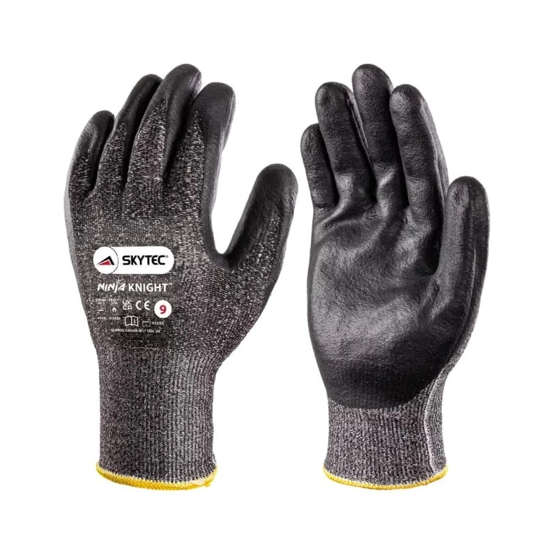 Skytec Ninja Knight Black Fibreglass Polyethylene Cut Resistant Work Gloves Size 8 Nitrile Coating SKY27