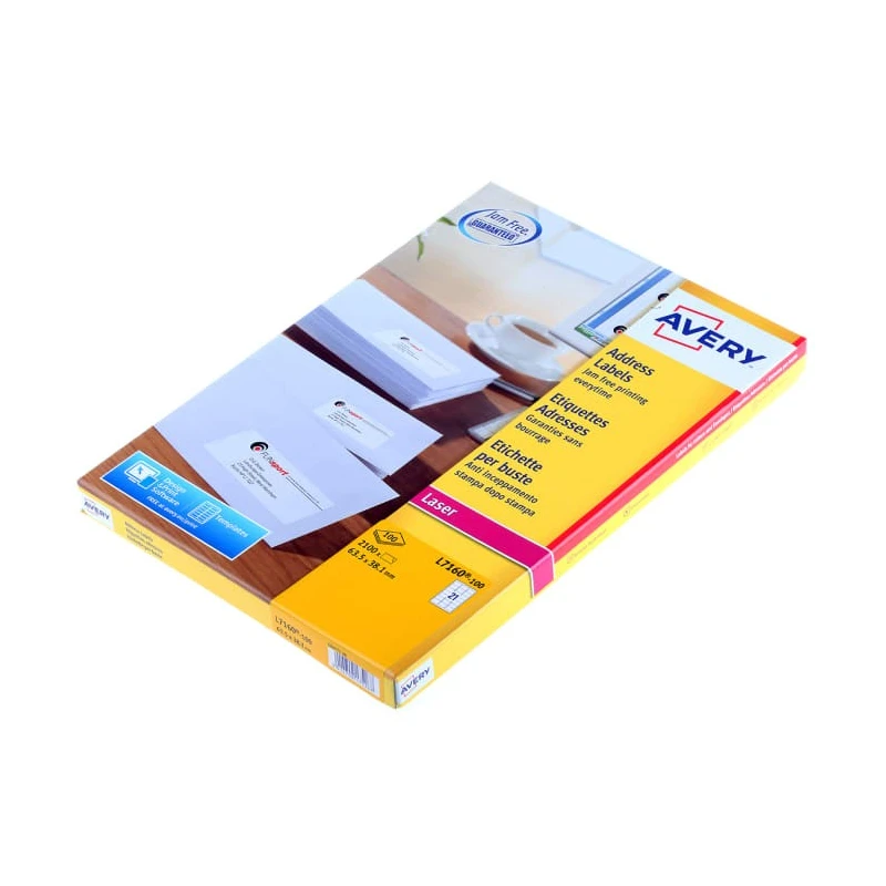 Avery White Adhesive Address Label Sheet, Pack of 100, Laser Printer Compatible, 63.5mm x 38.1mm L7160-100