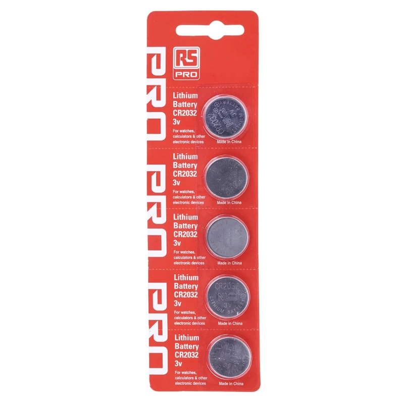 RS PRO Lithium Manganese Dioxide CR2032 Button Battery, 3 V, 20 mm Diameter, 5 Pack CR2032
