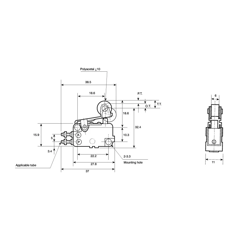 SMC Roller Lever Pneumatic Manual Control Valve 3/2 Function, Side Port, 0.8 MPa, PBT Body VM1000
