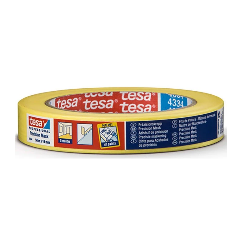 Tesa Yellow 4334 Precision Mask Masking Tape 19mm x 50m, Acrylic Adhesive, 120°C Heat Resistant 04334-00000-01