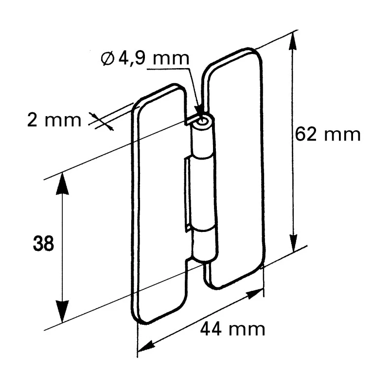 Pinet Steel Butt Hinge with Removable Pin, Screw Fixing, 62 mm Length x 44 mm Width x 2 mm Thickness 50-1-3309