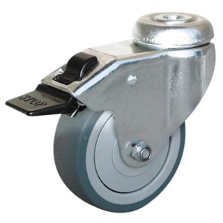 Guitel Hervieu Braked Swivel Castor 75 mm Wheel Diameter Rubber Wheel, 60 kg Load Capacity, Bright Zinc Plated 313722