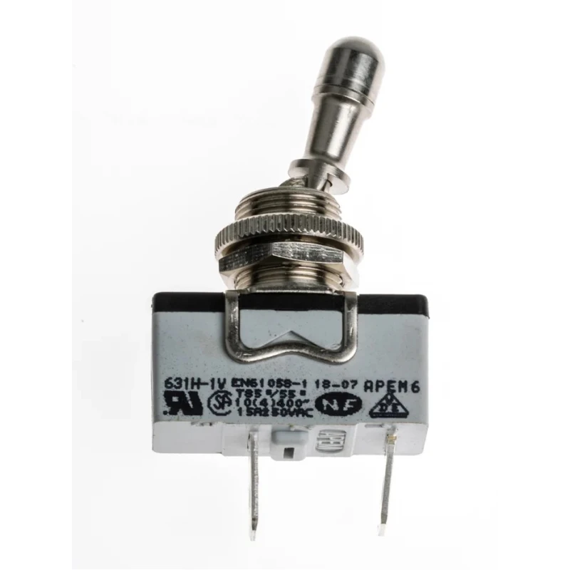 APEM Toggle Switch Panel Mount On-Off SPST 10A 24V dc 250V ac Nickel Plated Brass Actuator 631H/2-1V