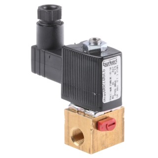 Burkert 3 Port NC Solenoid Valve, Brass Body, 24V DC, 3.18 mm Inlet/Outlet, Series 6012 134163