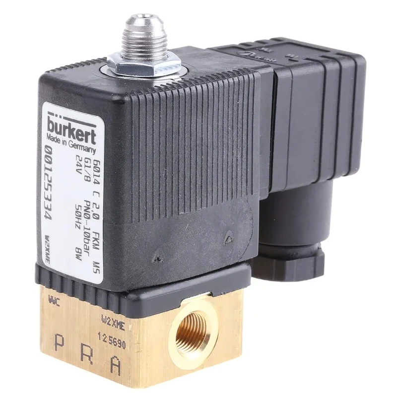 Burkert 3 Port NC Brass Body Solenoid Valve 24V AC, 2 mm Orifice Diameter 125334