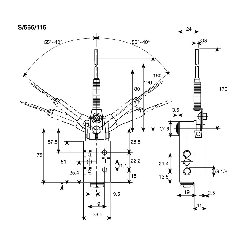 Norgren Pneumatic Manual Control Valve S666 Series, Antenna Control Mechanism, G 1/8 Port Size, 10 Bar Pressure S/666/116