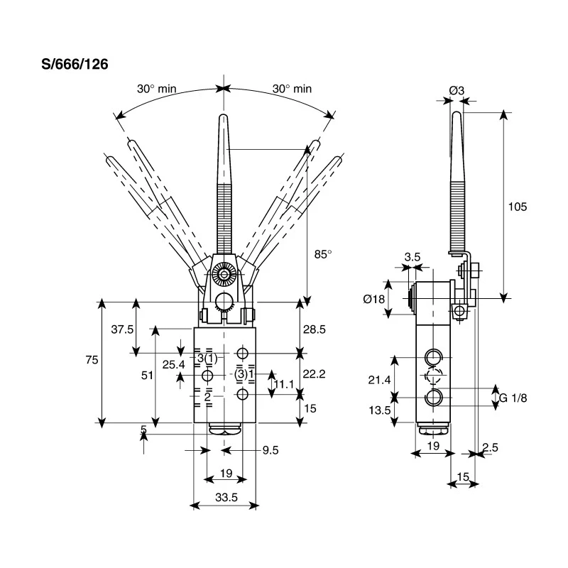 Norgren Pneumatic Manual Control Valve S666 Series, Antenna Control Mechanism, G 1/8 Port Size, 10 Bar Pressure S/666/116