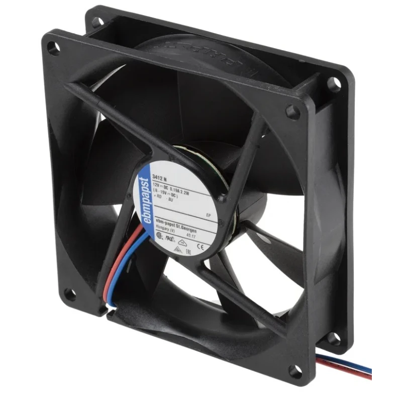 ebm-papst 3400 N Series Ball Bearing DC Axial Fan, 12V DC, 2.2 W, 180 mA Max, 84 m³/h Air Flow, , 92 mm x 92 mm x 25.4 IP68