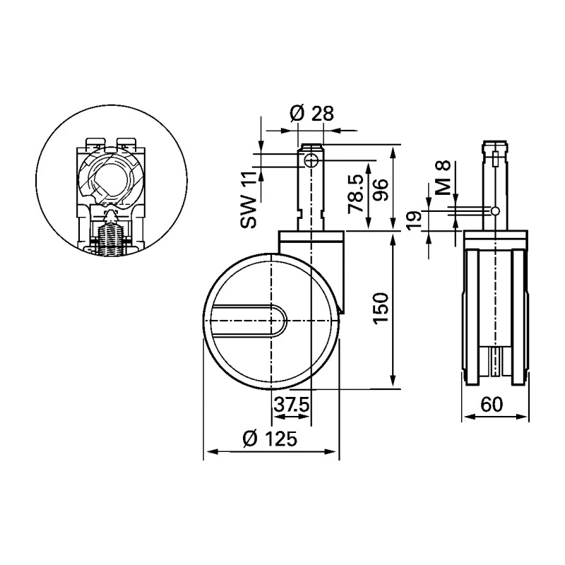 Tente Swivel Castor with 125 kg Load Capacity, 125 mm Polyurethane Wheel, Steel Frame Zinc Plated 2946 UAP 125 R26-28D