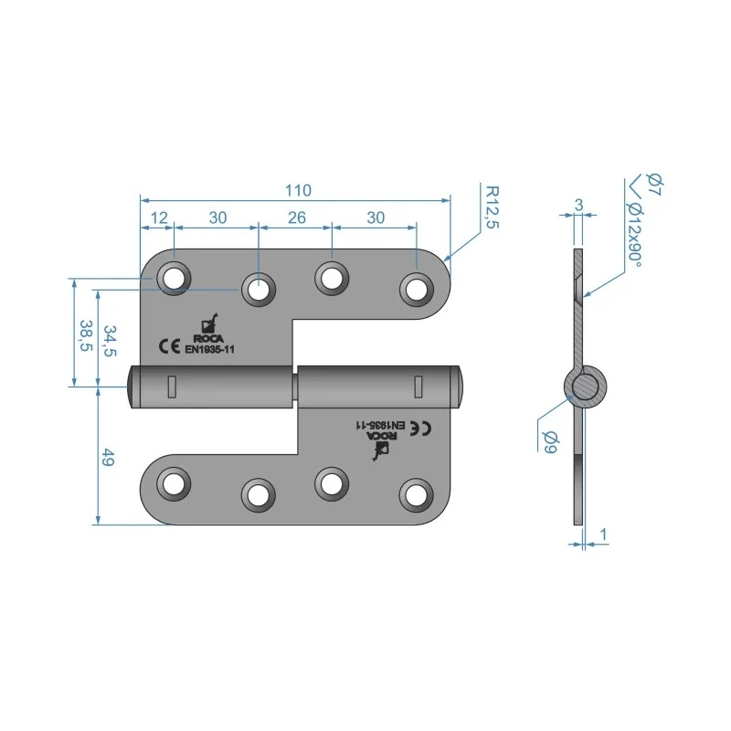ROCA Electro Polished Stainless Steel Flag Hinge with Lift Off Pin, Screw Fixing, 110mm x 98mm x 3mm 93 08 55