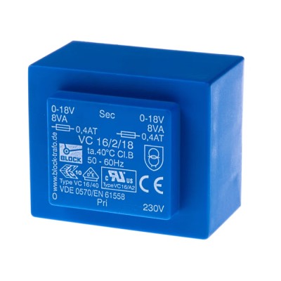 Block 2 x 18 V ac 2 Output Pin PCB Transformer, 230 V ac Primary, 16 VA Power, Pin Mount, VC 16/2/18