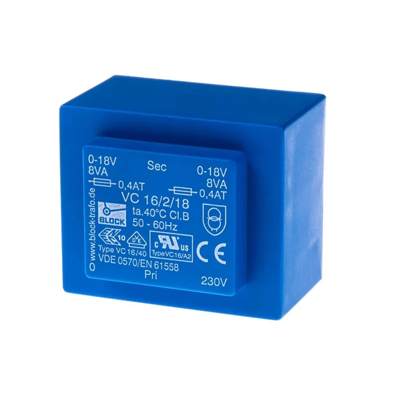Block 2 x 18 V ac 2 Output Pin PCB Transformer, 230 V ac Primary, 16 VA Power, Pin Mount, VC 16/2/18