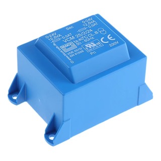 Block PCB Transformer 230 V ac Primary, 24 V ac Dual Output, Through Hole Mount, 25 VA VCM 25/2/24