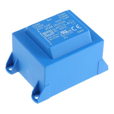 Block PCB Transformer 230 V ac Primary, 24 V ac Dual Output, Through Hole Mount, 25 VA VCM 25/2/24