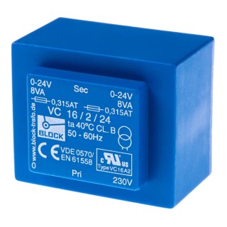 Block 2 x 24 V AC 2 Output Pin PCB Transformer, 16VA Power, Pin Mount Type, VC 16/2/24