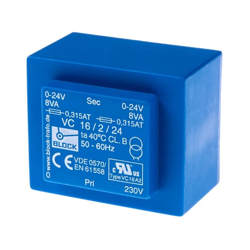 Block 2 x 24 V AC 2 Output Pin PCB Transformer, 16VA Power, Pin Mount Type, VC 16/2/24
