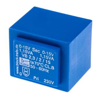 Block PCB Transformer 6 to 2 x 24 V AC, 3.2 VA, 230 V AC Primary, Pin Mount VB 2.3/2/15