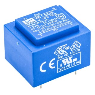 Block 6 V AC 2 Output Through Hole PCB Transformer, UL, VDE Certified, 1.5 VA VB 1.5/2/6