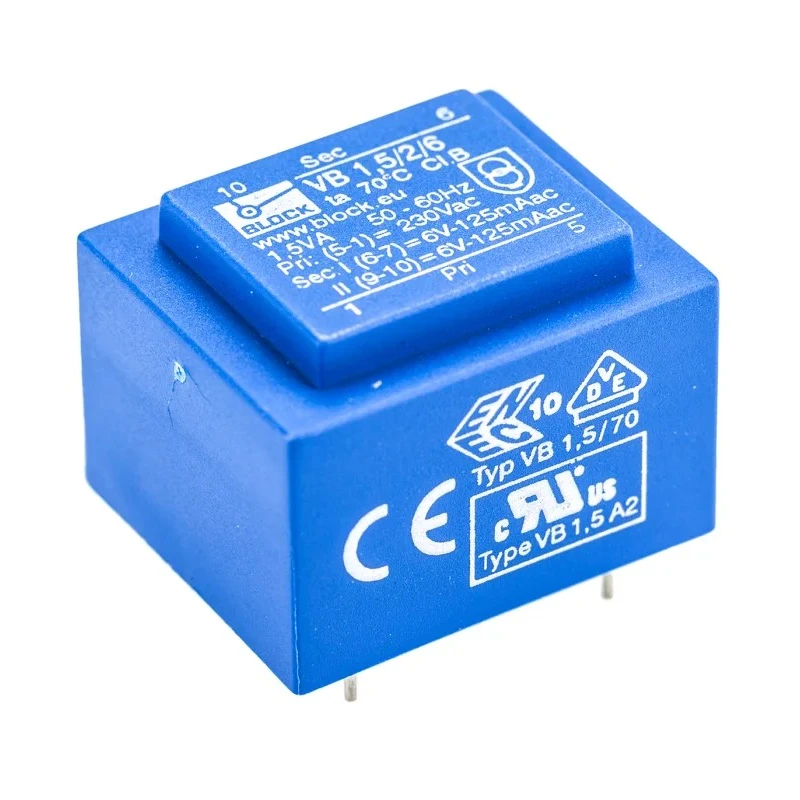 Block 6 V AC 2 Output Through Hole PCB Transformer, UL, VDE Certified, 1.5 VA VB 1.5/2/6