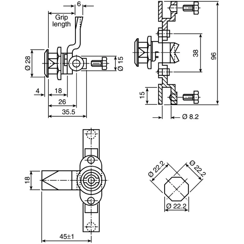 Steinbach & Vollman Steel Three Point Lock 18 mm Panel-to-Tongue 22.2 x 22.2 mm, Key Unlock 06700496