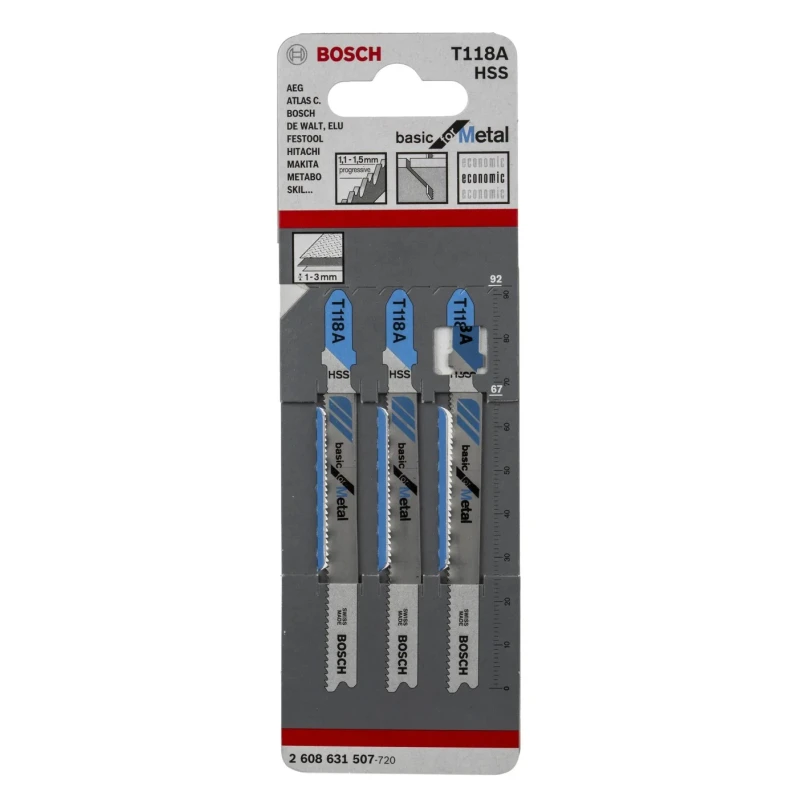 Bosch Jigsaw Blade 24 Teeth Per Inch for Non-Ferrous and Ferrous Sheet Metal, High-Speed Steel, 92 mm 2608631507