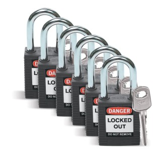 Brady Steel, Nylon Weatherproof Security Padlock with 6.35 mm Shackle Diameter and SFTY PADLOCK STEEL 38MM SHA BLACK 6/PAC