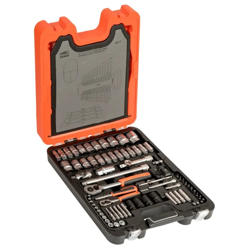 Bahco 94-Piece 1/2 in, 1/4 in Standard Socket Set, Chrome Vanadium Steel, Chrome Finish S87+7