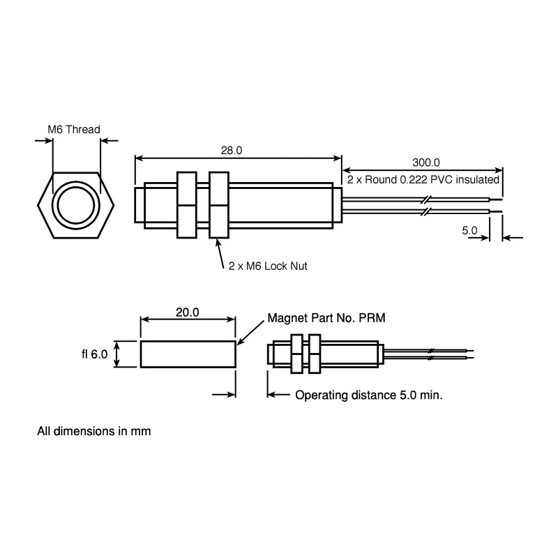 Assemtech Cylindrical Reed Switch 400V AC, 1A, Black Acetal Housing S1476