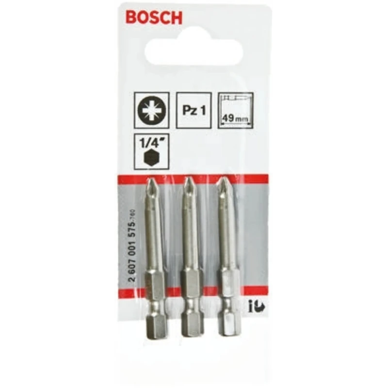 Bosch Screwdriver Bit Set, 1/4 in Hex Drive, PZ1 Tip, 49 mm Length, 3-Piece 2607001575