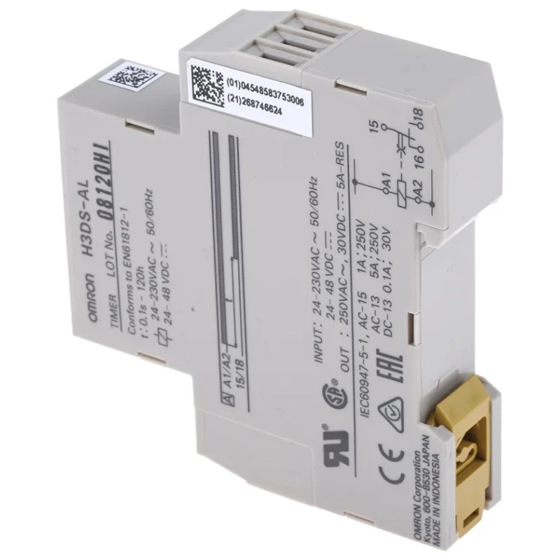 Omron DIN Rail Timer Relay, 1-Contact, ON Delay Function, 48 V dc, 230 V ac, 24 V ac, Time Range 0.1 s to 120 h, SPDT H3DS