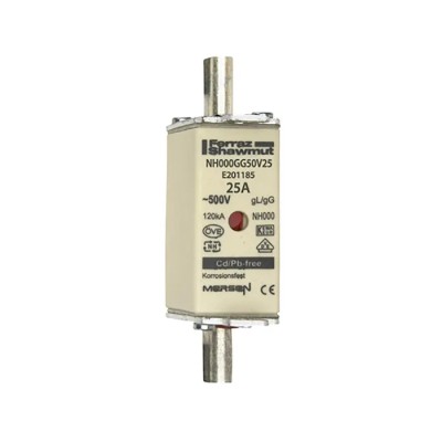 Mersen 25A NH Fuse NH000 500V AC with Leaf Spring Blown Indicator NH000