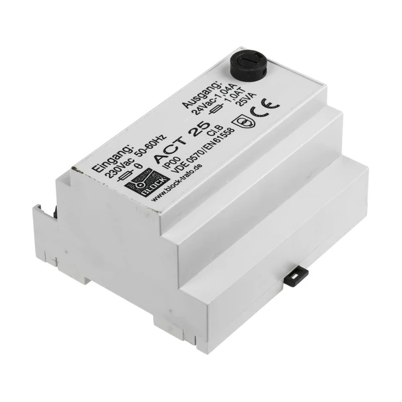 Block 25 VA DIN Rail Transformer, 230 V ac Primary, 24 V ac Secondary, IEC 61558-2-6 Certified ACT25