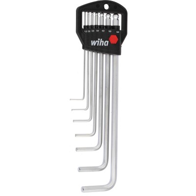 Wiha 7 Piece L Metric Hex Key Set Chrome Vanadium Steel Long Arm Hex Ball End Hex Size 1.5 to 6 mm 01416
