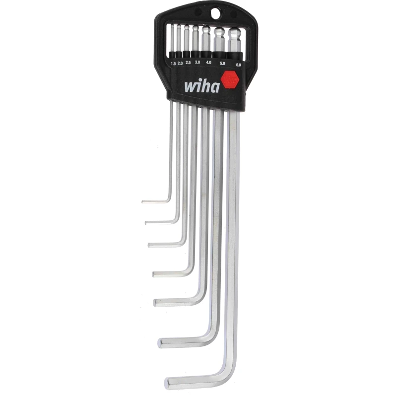 Wiha 7 Piece L Metric Hex Key Set Chrome Vanadium Steel Long Arm Hex Ball End Hex Size 1.5 to 6 mm 01416