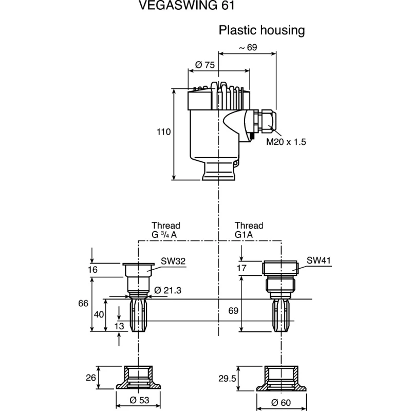 Vega VEGASWING 61 Series Vibrating Rod Level Switch Vertical Horizontal Ex Zone 0 Rated Plastic Housing SWING61XXGBVXPRX