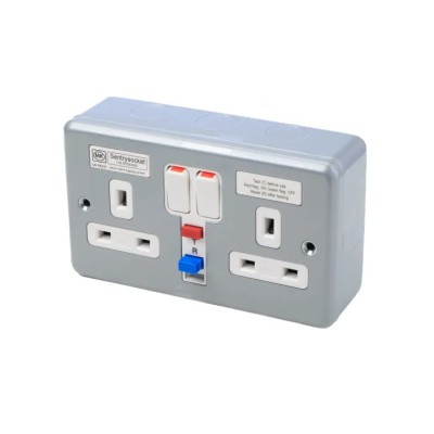 Powerbreaker Metal Clad 13A Active 2 Gang RCD Socket Surface Mounted Steel Grey IP2XD IP4X 250V ac K6231 ALM