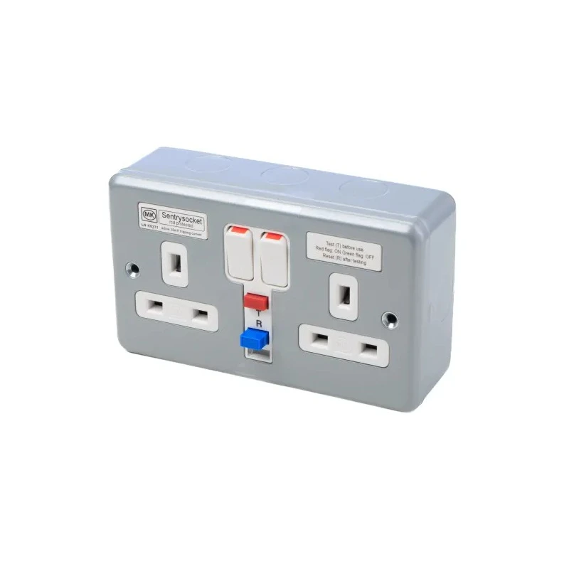 Powerbreaker Metal Clad 13A Active 2 Gang RCD Socket Surface Mounted Steel Grey IP2XD IP4X 250V ac K6231 ALM