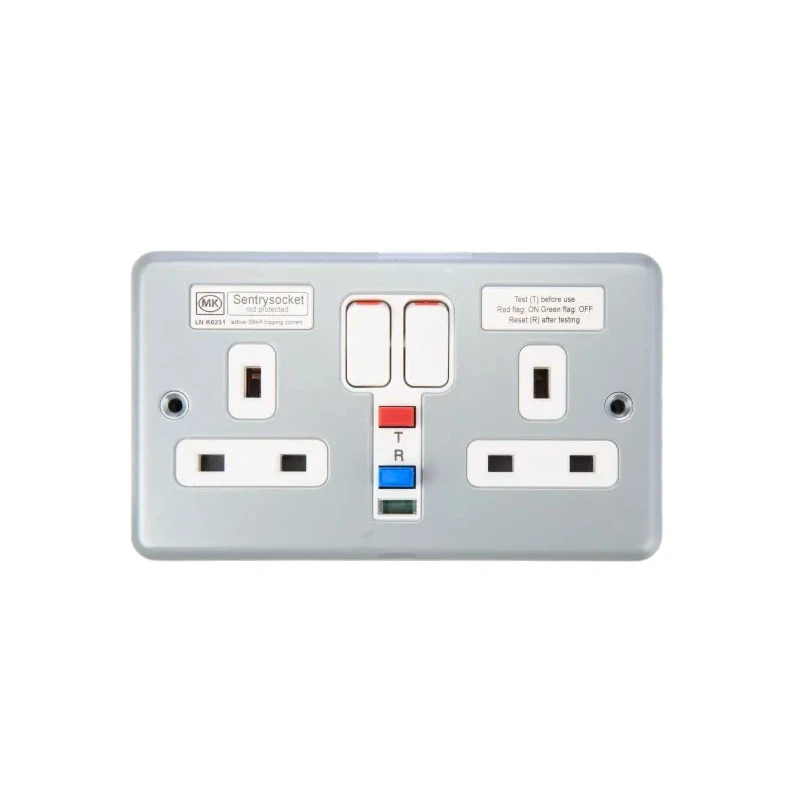 Powerbreaker Metal Clad 13A Active 2 Gang RCD Socket Surface Mounted Steel Grey IP2XD IP4X 250V ac K6231 ALM