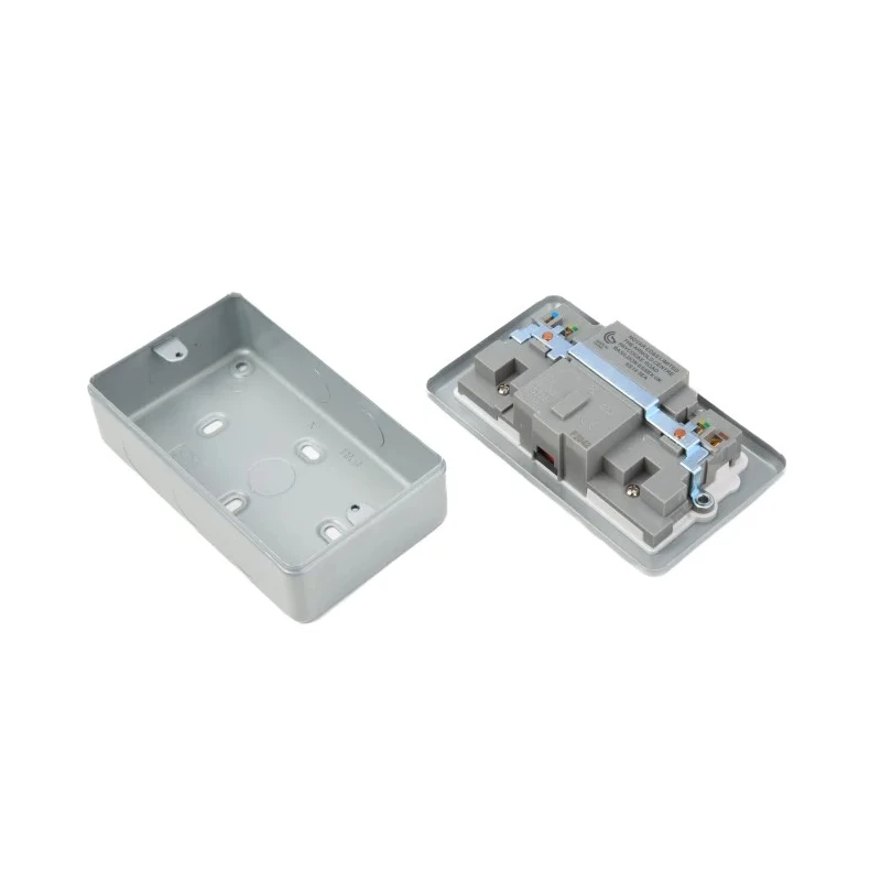 Powerbreaker Metal Clad 13A Active 2 Gang RCD Socket Surface Mounted Steel Grey IP2XD IP4X 250V ac K6231 ALM