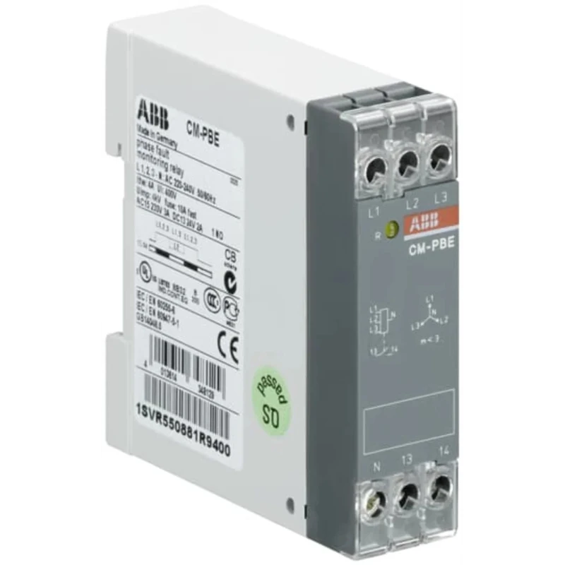 ABB Monitoring Relay Undervoltage & Phase Failure Detection 3, 1 Phase, SPST Contact, DIN Rail Mount, 440V AC 1SVR550881R9400
