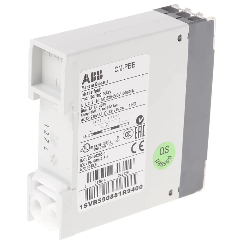 ABB Monitoring Relay Undervoltage & Phase Failure Detection 3, 1 Phase, SPST Contact, DIN Rail Mount, 440V AC 1SVR550881R9400