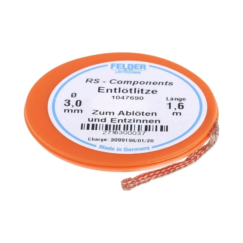 Felder Lottechnik De-Soldering Braid 1.6 m Length, 3 mm Width, Flux-Soaked, Germany 27.163.00037