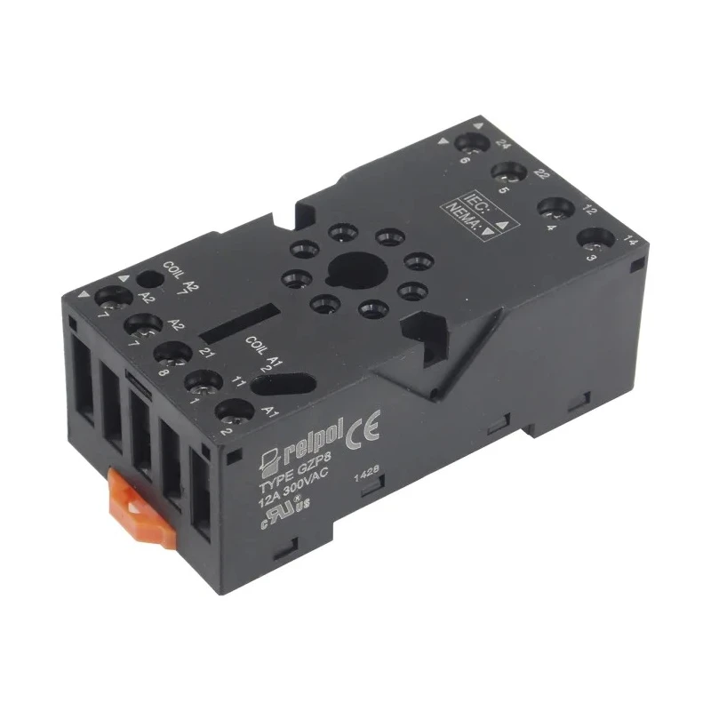Relpol 8 Way 300V AC DIN Rail Relay Socket for use with R15 Relay GZP8-BLACK