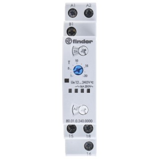Finder 80 Series Multifunction DIN Rail Timer Relay, 1-Contact SPDT, 12 to 240 V AC/DC, 0.1 to 20 min, 0.1 80.01.0.240.0000