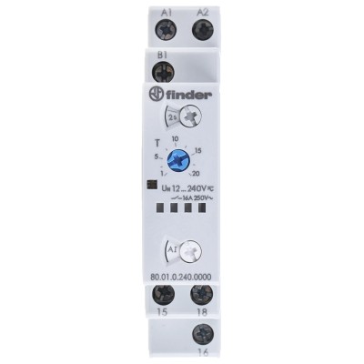 Finder 80 Series Multifunction DIN Rail Timer Relay, 1-Contact SPDT, 12 to 240 V AC/DC, 0.1 to 20 min, 0.1 80.01.0.240.0000