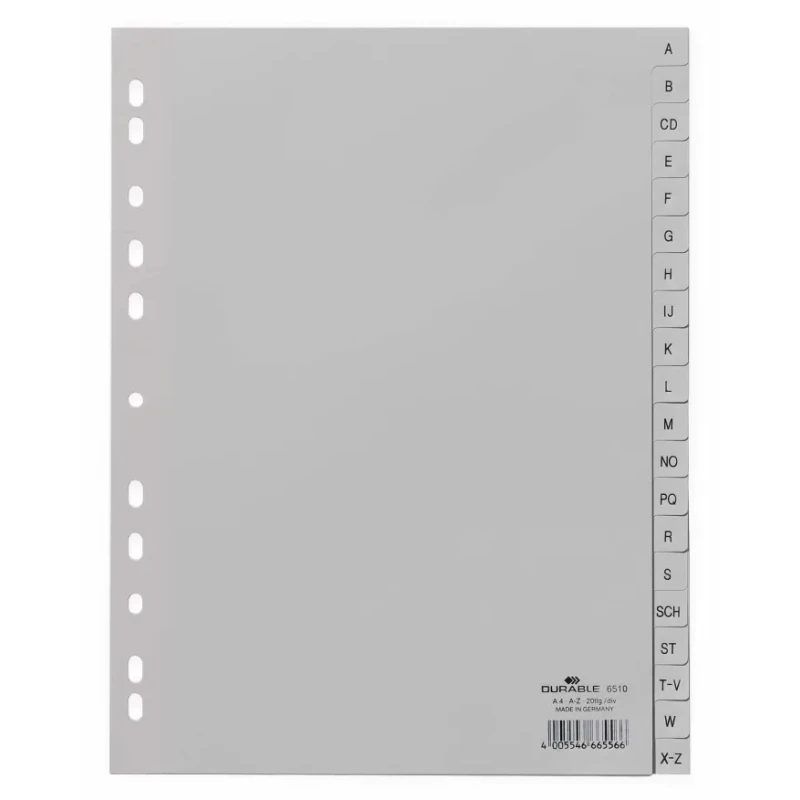 Durable Grey A4 File Divider 20 Tabs A-Z Preprinted Polypropylene 297 x 215/230 mm 6510-10