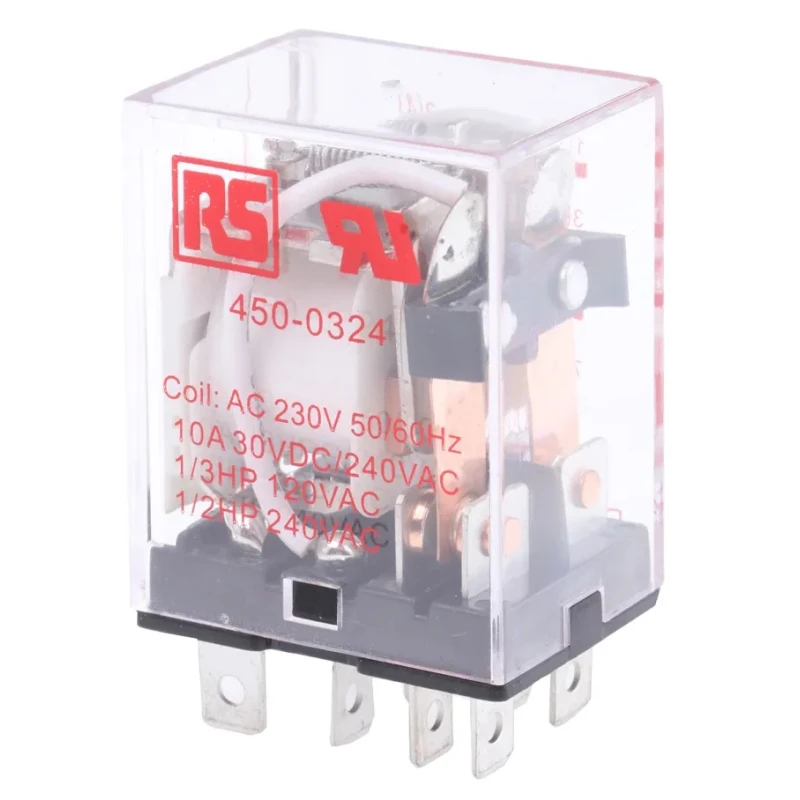 RS PRO Plug-in Power Relay 230V AC Coil 10A Switching Current DPDT 1.2W Coil Power 450-0324